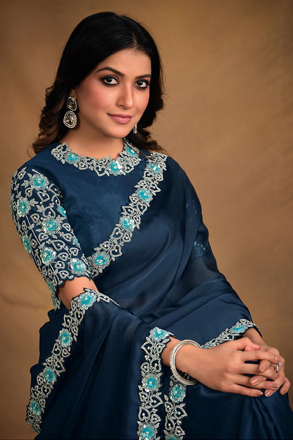 Blue Satin Silk Georgette Saree with Unstitched Blouse