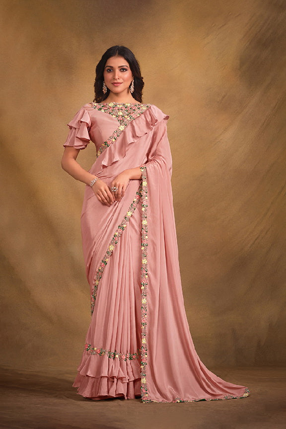 Pink Crepe Georgette Silk Saree with Unstitched Blouse