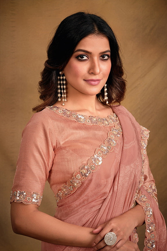 Peach Self Jacquard Georgette Saree with Unstitched Blouse