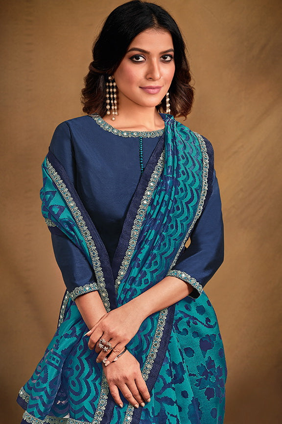 Blue Organza Embroidered Saree with Unstitched Blouse