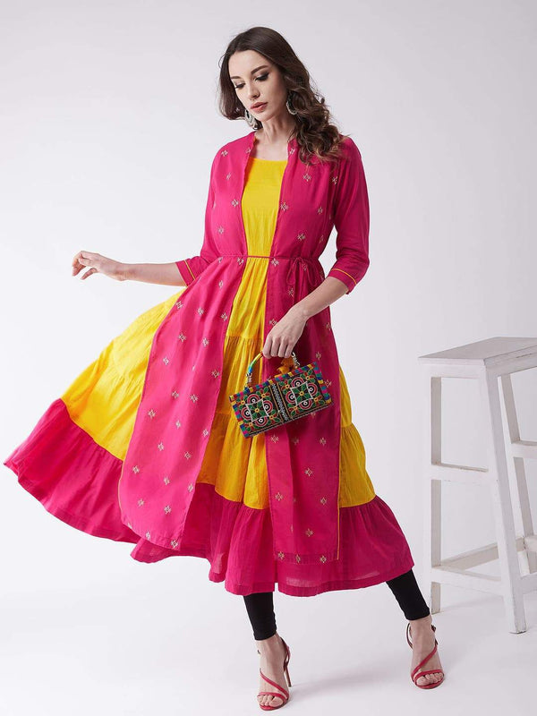 Women's Tiered Kurta With Embroidered Jacket - Pannkh