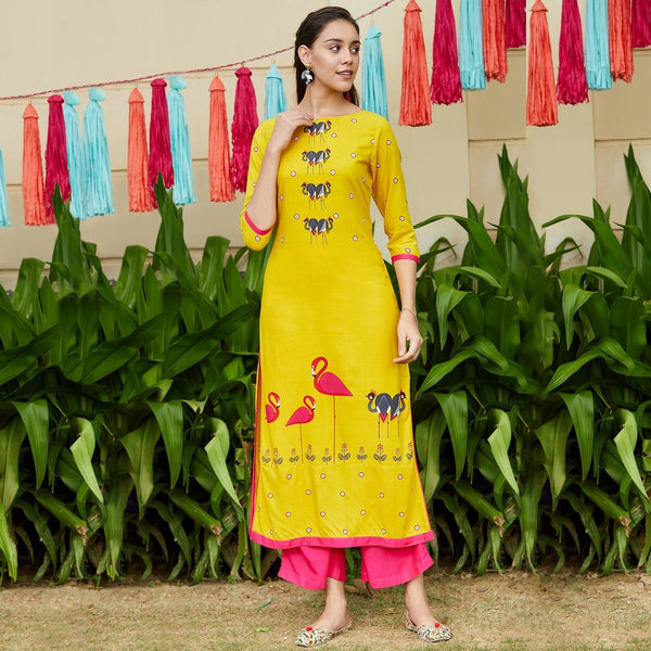 Women's Yellow Mirror Image Flamingo Straight Kurta - Pannkh