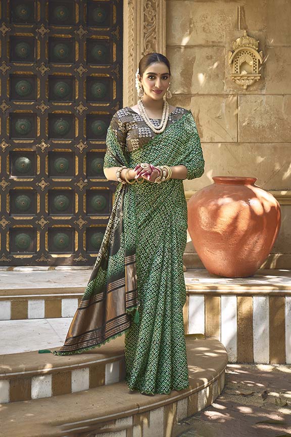 Green Gajji Silk Handwork Saree with Unstitched Blouse