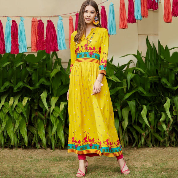 Women's Yellow Gathered Flamingo Long Kurta - Pannkh