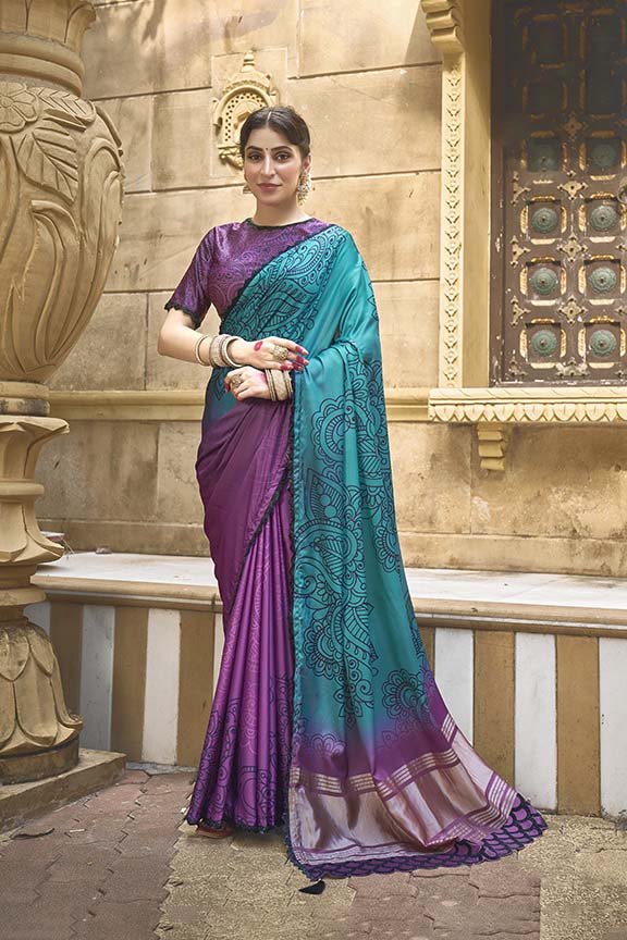 Blue Gajji Silk Handwork Saree with Unstitched Blouse