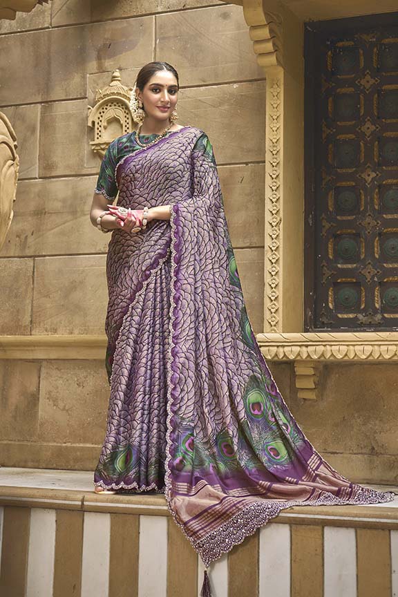 Purple Gajji Silk Handwork Saree with Unstitched Blouse