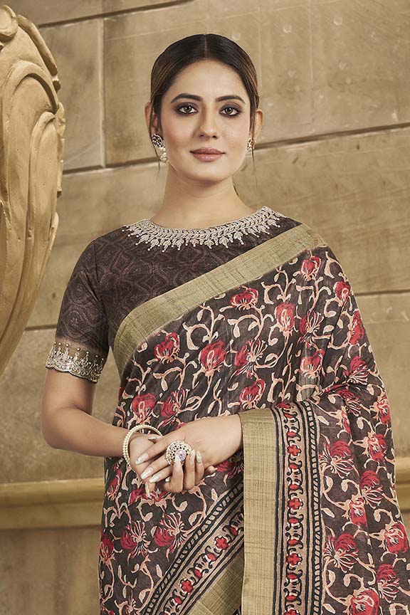 Brown Gajji Silk Hand work Saree with Unstitched Blouse