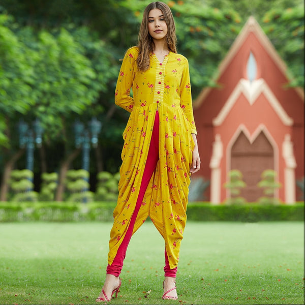 Women's Yellow Drappy Flamingo Printed Kurta - Pannkh