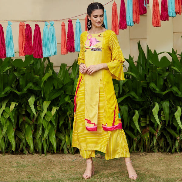 Women's Yellow Double Layered Flamingo Printed Kurta - Pannkh