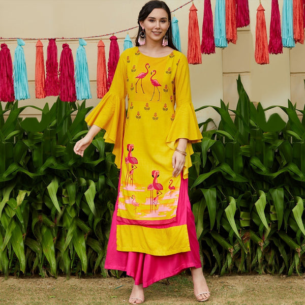 Women's Yellow Bell Sleeves Layered Flamingo Printed Kurta - Pannkh