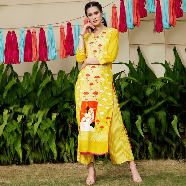 Women's Yellow Allover Flamingo Printed Straight Kurta - Pannkh