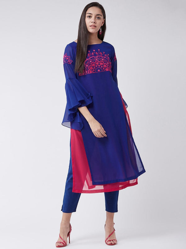 Women's Royal Blue Yoke Embroidered Layered Kurta With Bell Sleeves - Pannkh