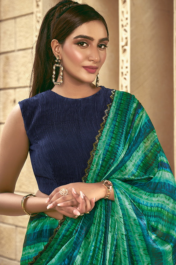 Green Sparking Satin Silk Printed Saree with Unstitched Blouse