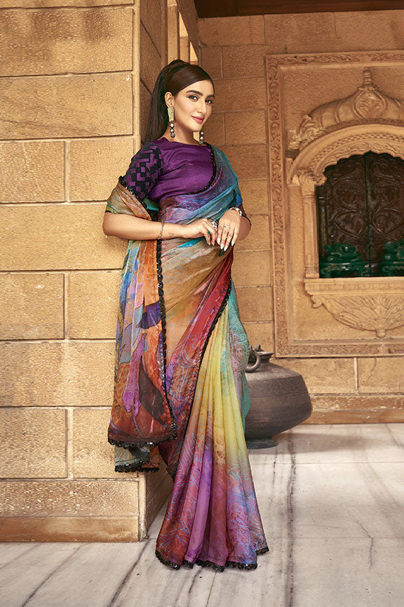 Multicolor Sparking Satin Silk Printed Saree with Unstitched Blouse