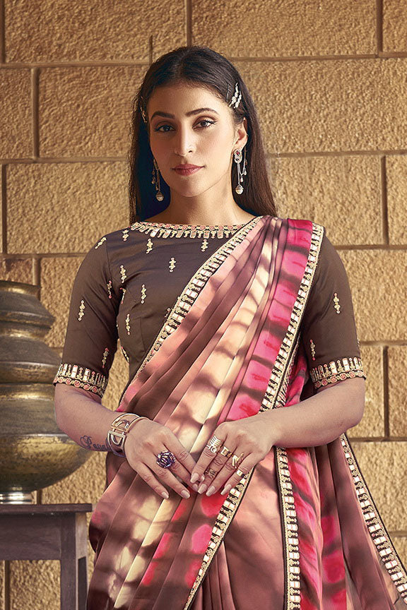 Brown Crepe Georgette Printed Saree with Unstitched Blouse