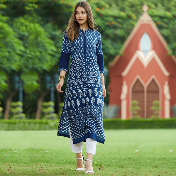 Women's Indigo Printed  Straight Fit Kurta - Pannkh