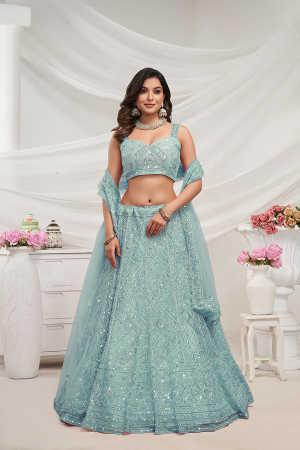 Women's Sky Blue Soft Net Lehenga Choli - Kesar Fab