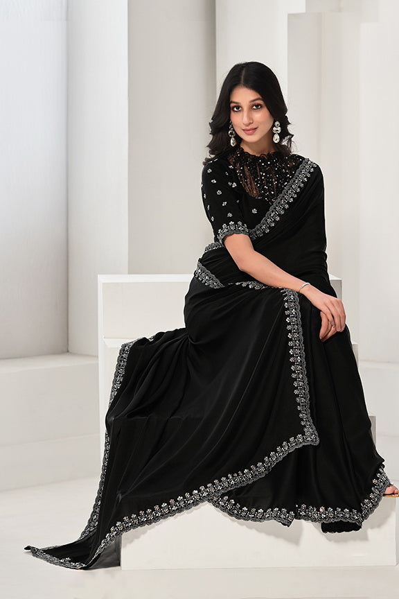 Black Crepe Satin Silk Sequence & Handwork Saree with Unstitched Blouse