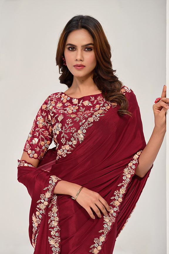 Maroon Pure Crepe Georgette Sequence Saree with Unstitched Blouse