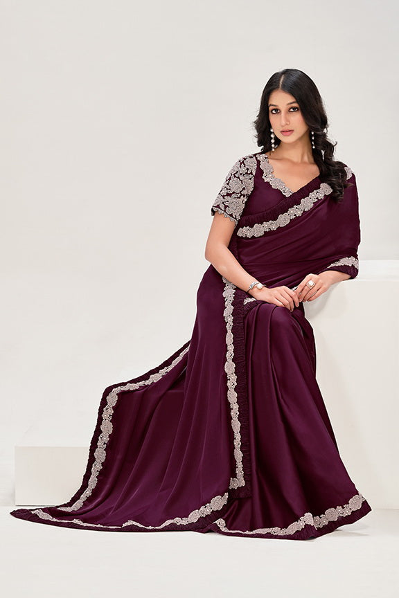 Wine Crepe Satin Silk Handwork Saree with Unstitched Blouse Piece