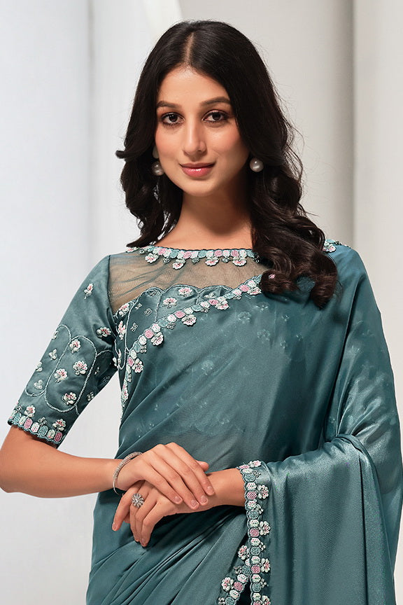 Sea Green Crepe Satin Silk Sequence & Handwork Saree with Unstitched Blouse