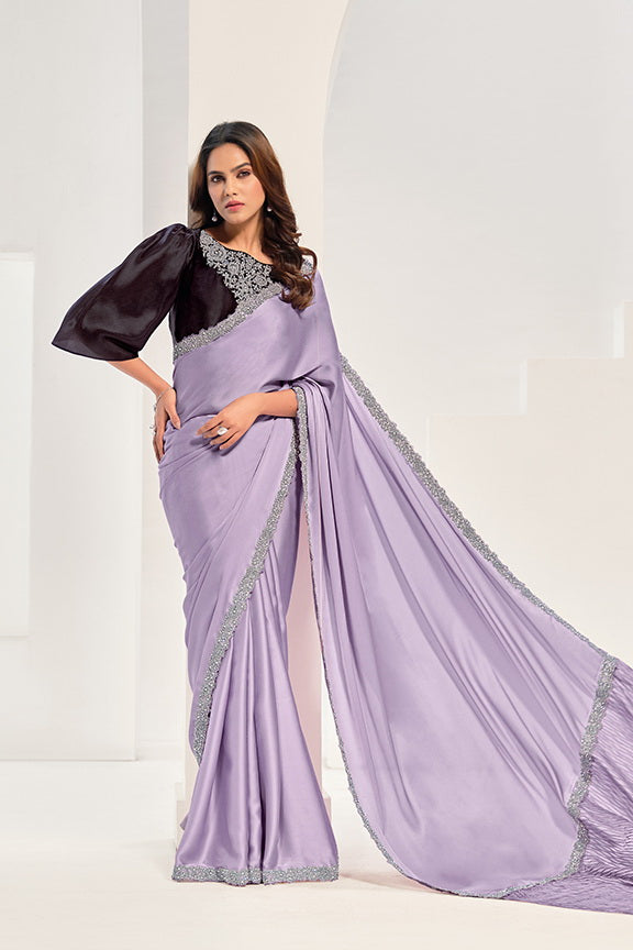 Lavendar Crepe Satin Silk Jardosi Saree with Unstitched Blouse Piece