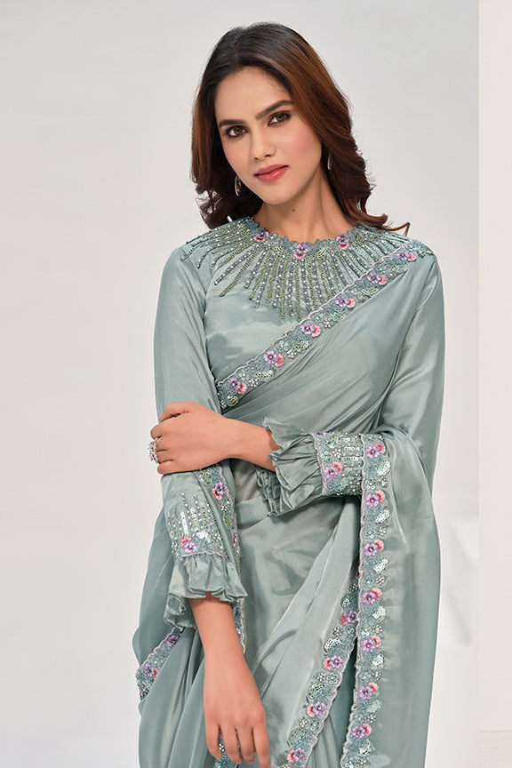 Sea Green Crepe Satin Silk Handwork Saree with Unstitched Blouse