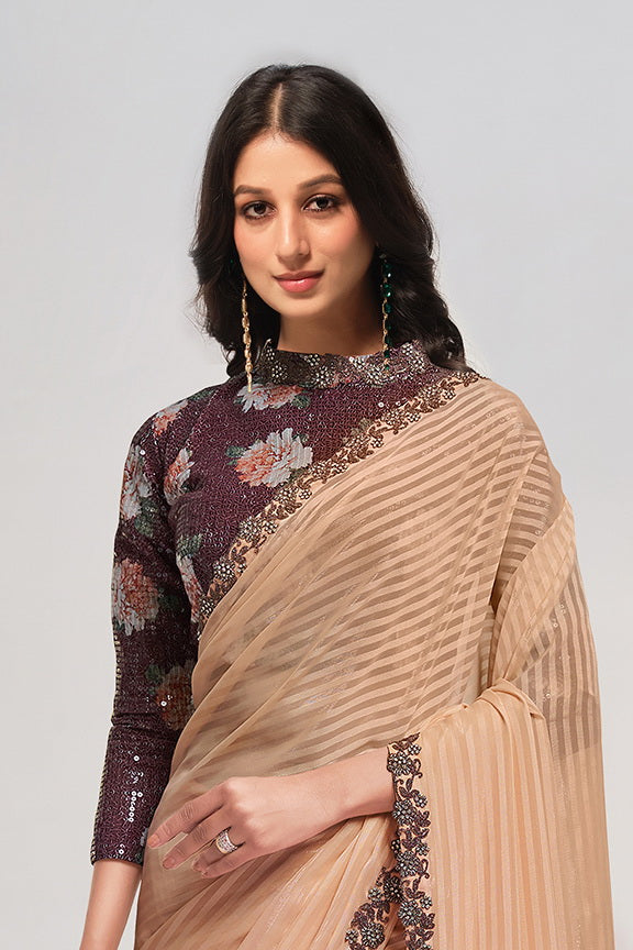 Peach Georgette Stone Work with Embroidery Saree with Unstitched Blouse