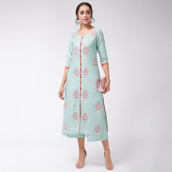 Women's Allover Embroidered Pastel Semi-Festive Kurta - Pannkh