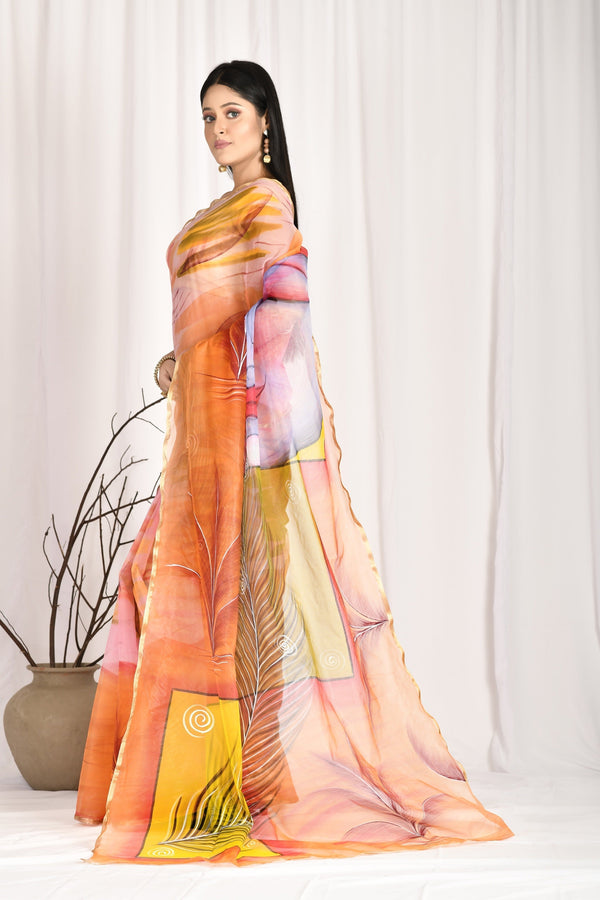 Women's Hand Painted Orange Saree With All-Over Vegetable Dyes With Blouse - Saras The Label