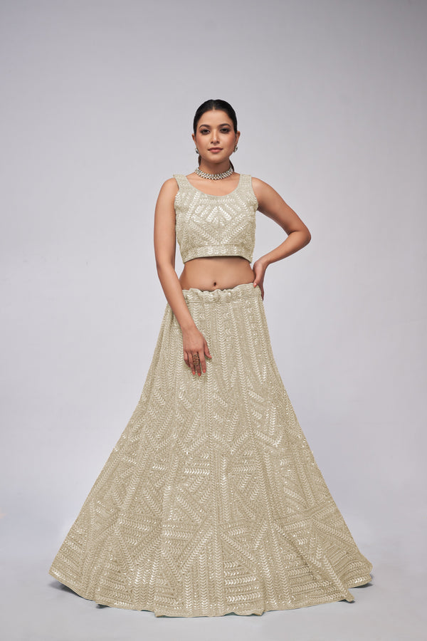 Women's Ivory Soft Net Lehenga Choli - Kesar Fab