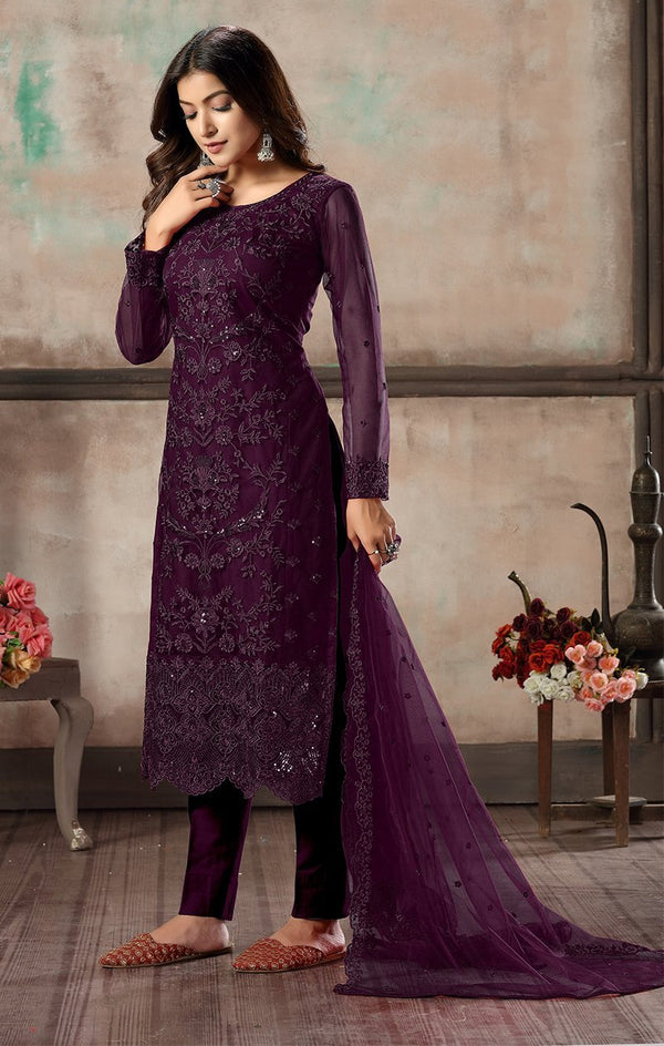 Women's Purple Net Embroidery Work Salwar Suit - Monjolika