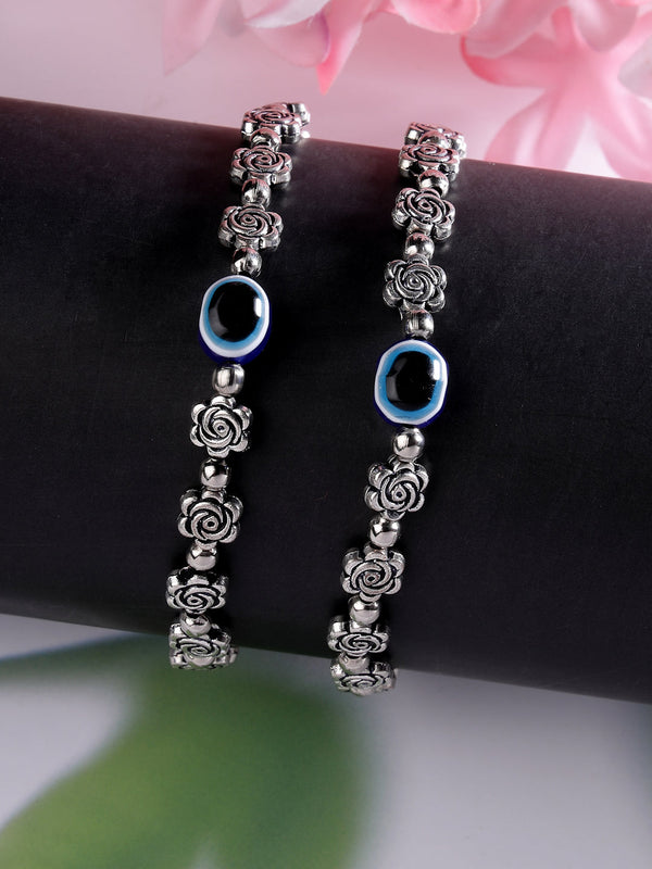 Women's Evil Eye Black Silver Plated Adjustable Anklets - NVR