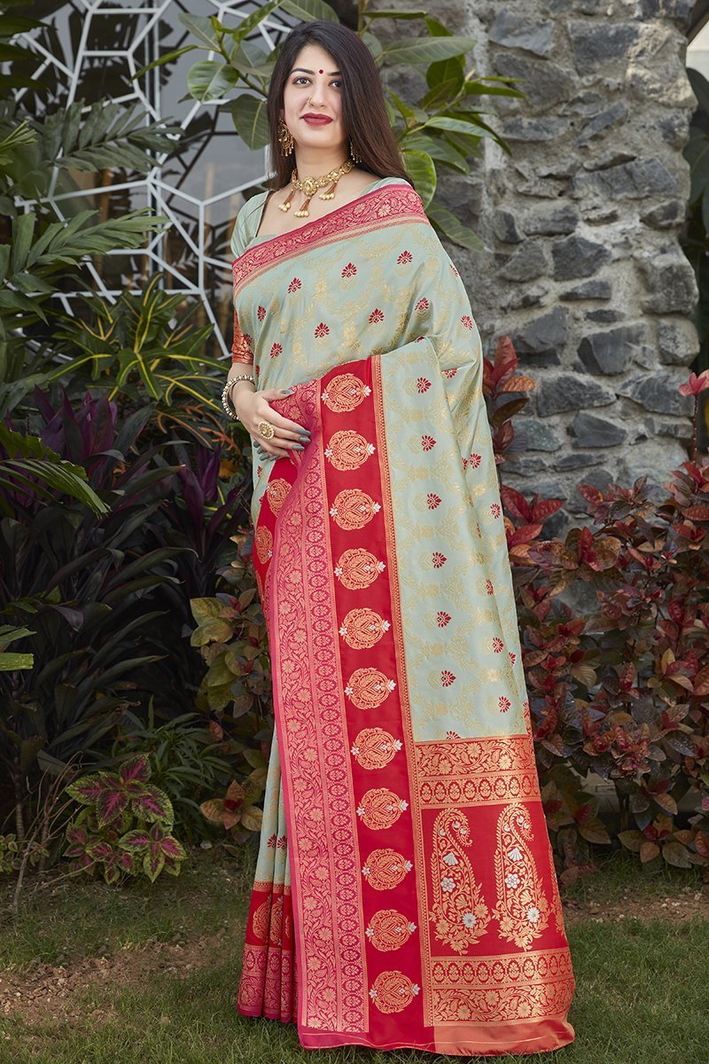 Women's Grey Banarasi Silk Festive Wear Woven Saree4 - Monjolika