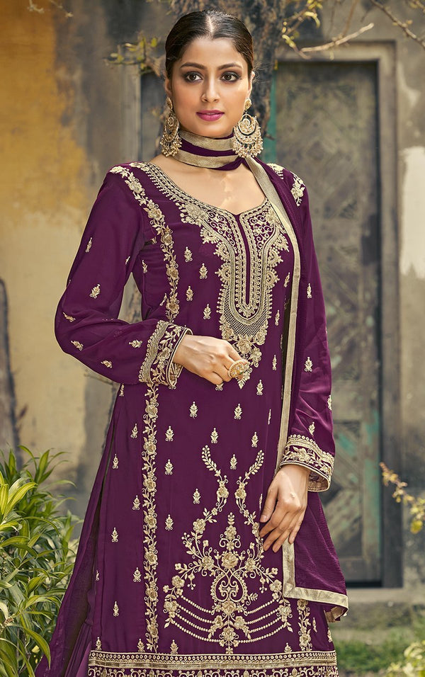 Women's Purple Color Georgette Wedding Function Palazzo Salwar Suit - Monjolika