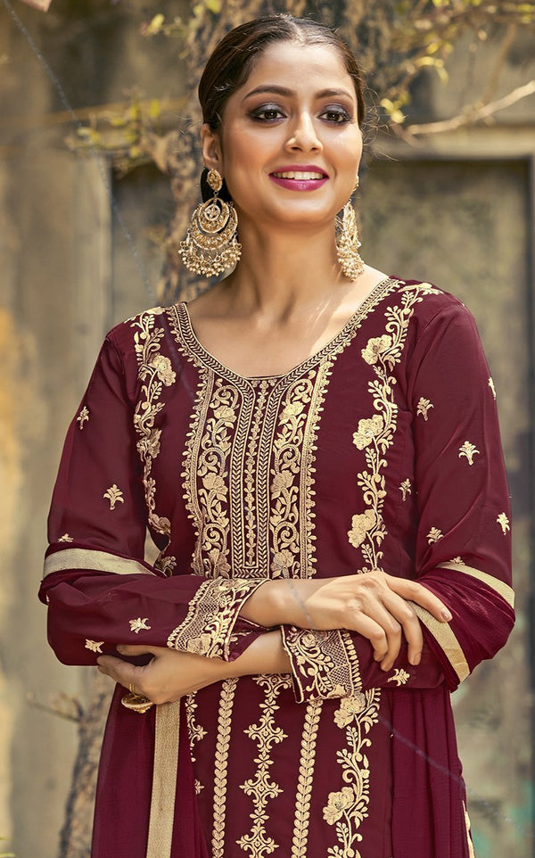 Women's Maroon Color Georgette Wedding Function Palazzo Salwar Suit - Monjolika