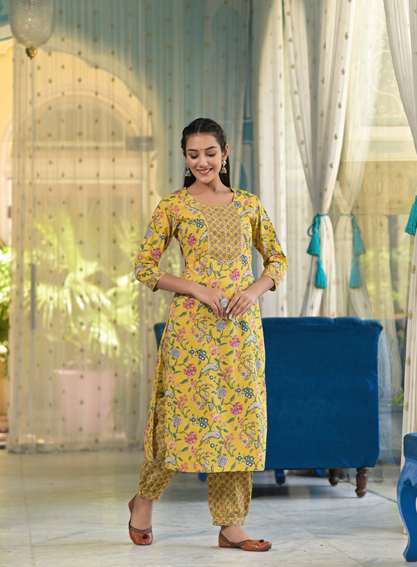 Women's Floral Yellow Kurta Palazzo Set - Hatheli