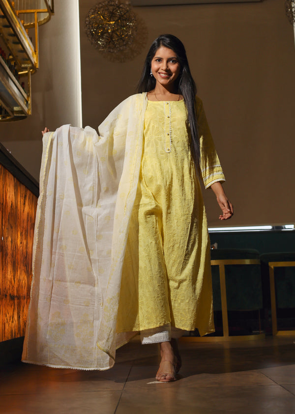 Women's Yellow Cotton Dobby Kurta With Palazzo & Dupatta Set - Hatheli