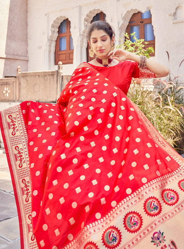 Women's Tomato Red Color Banarasi Silk Traditional Saree - Monjolika Fashion