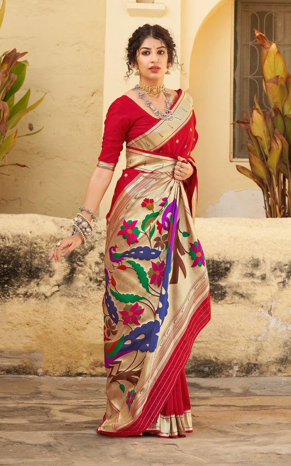 Women's Red Color Traditional Weaving Silk Saree - Monjolika Fashion