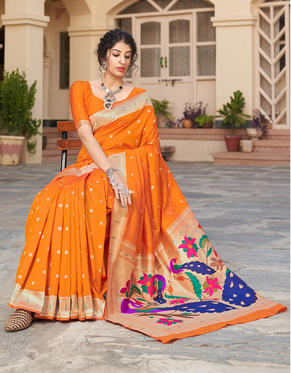 Women's Orange Color Traditional Weaving Silk Saree - Monjolika Fashion