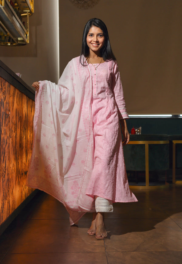 Women's Dianthus Pink Cotton Dobby Kurta With Palazzo & Dupatta Set - Hatheli