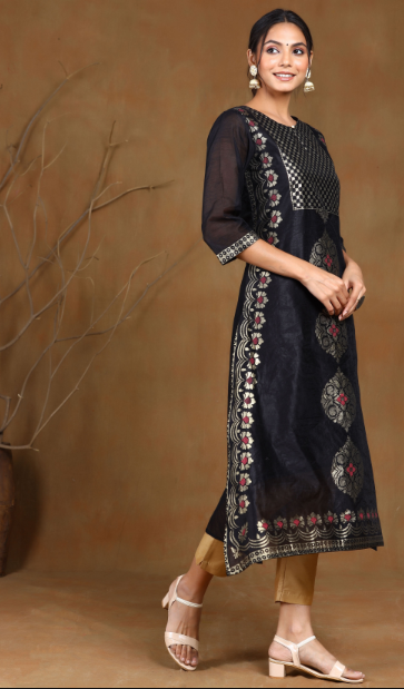 Women's Black Modal Chanderi Printed Straight Kurta - Juniper