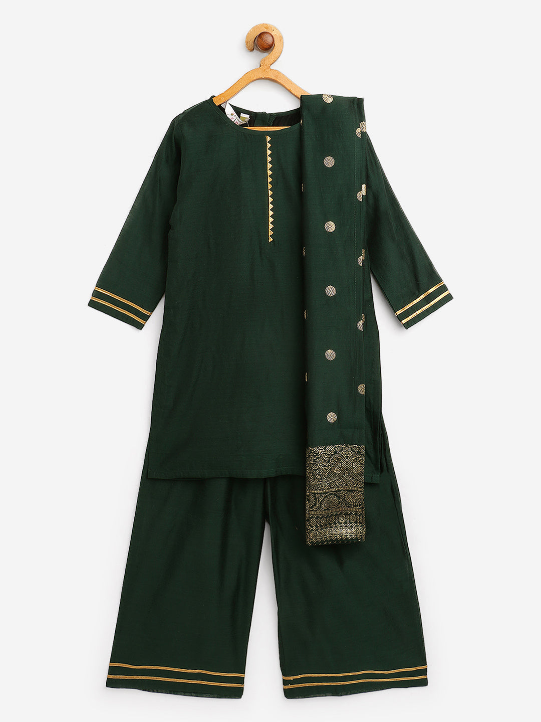 Dark Green Chanderi Solid Kids Kurta Palazzo Set With Dupatta - Ahalyaa Girls