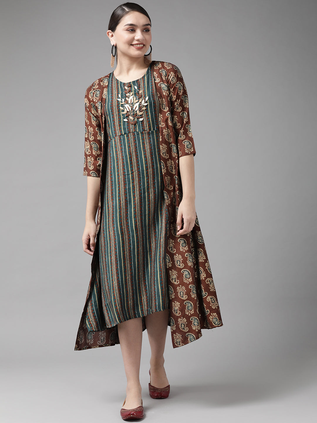 Women's Teal Green & Coffee Brown Striped Yoke Embroidered Midi A Line Dress & Ethnic Jacket - Yufta