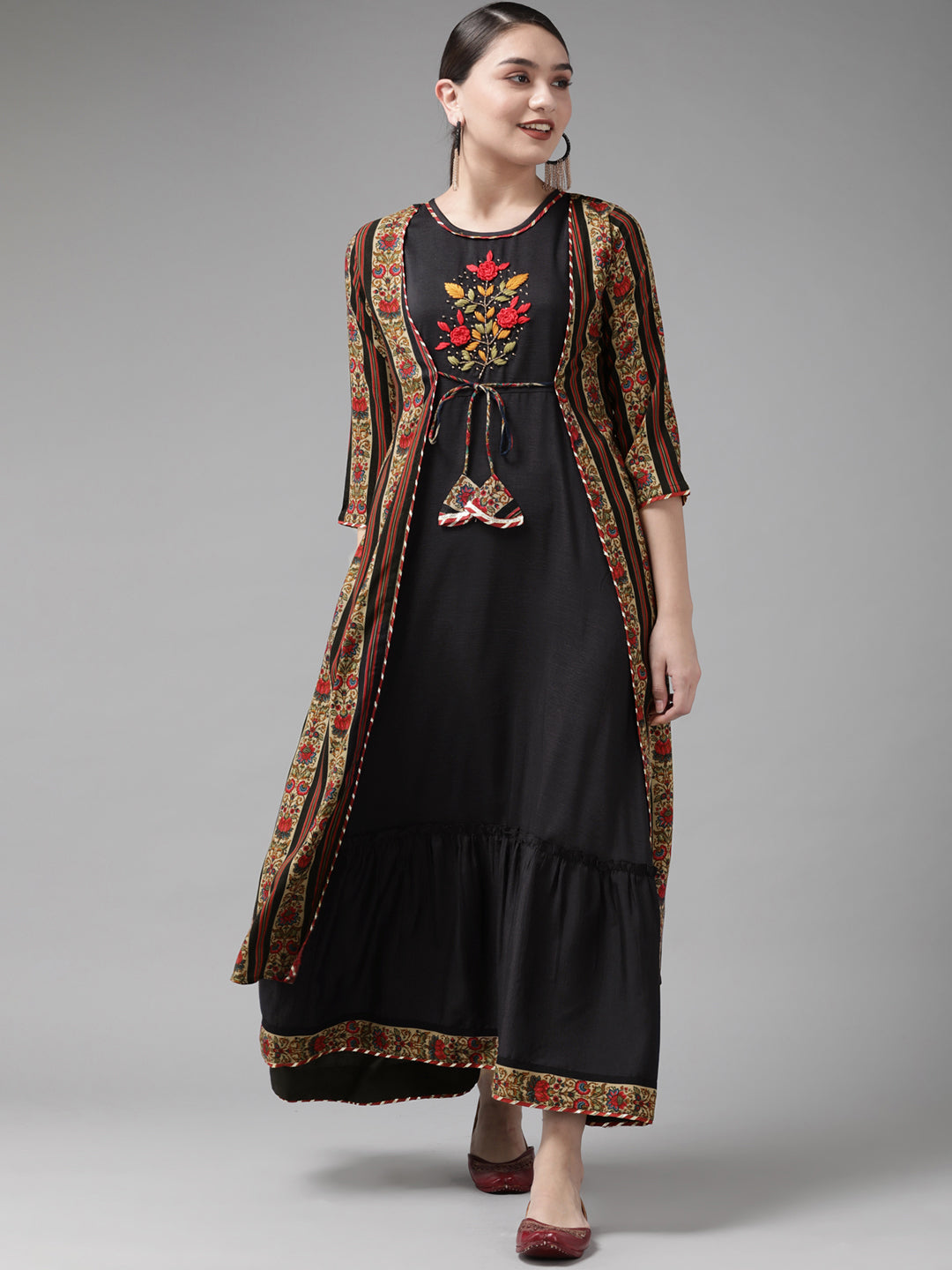 Women's Black & Red Solid Embroidered Detail A Line Maxi Dress With Ethnic Jacket - Yufta