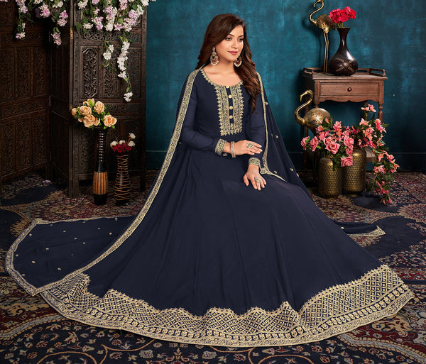 Women's Navy Blue color Faux Georgette Embroidered Anarkali Suit - Monjolika