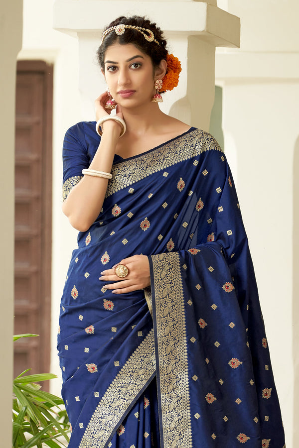 Women's Navy Blue Color Banarasi Silk Festive Wear Saree - Monjolika