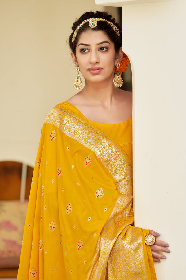 Women's Yellow Color Banarasi Silk Festive Wear Saree - Monjolika