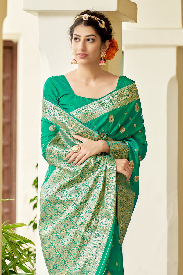 Women's Turquoise Color Banarasi Silk Festive Wear Saree - Monjolika